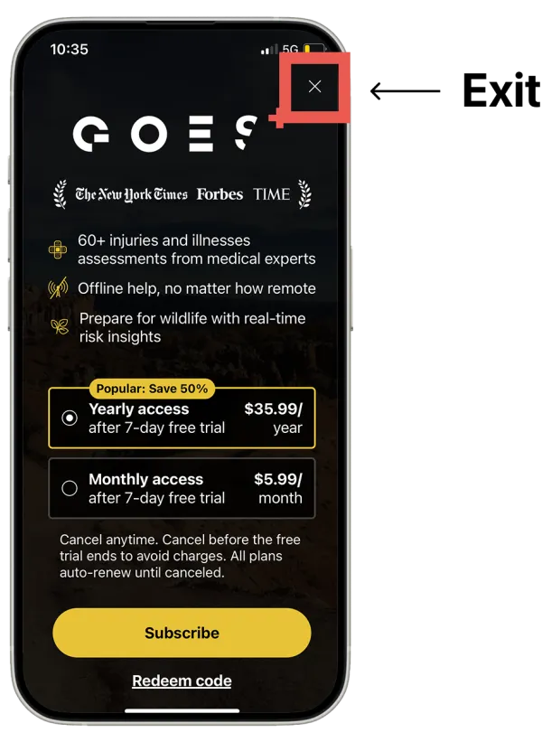 Phone showing GOES app payment screen with X button highlighted