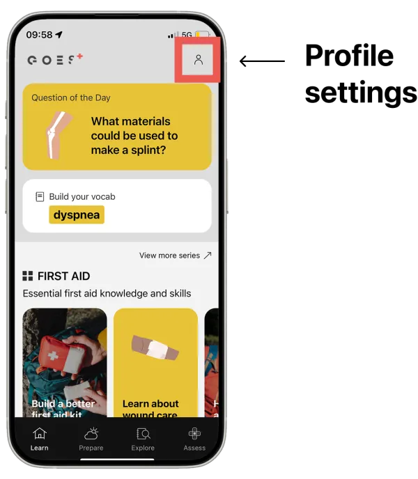 Phone showing GOES app home screen with profile icon highlighted