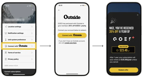 Phone showing GOES app profile screen with Outside connection and redeem offer options